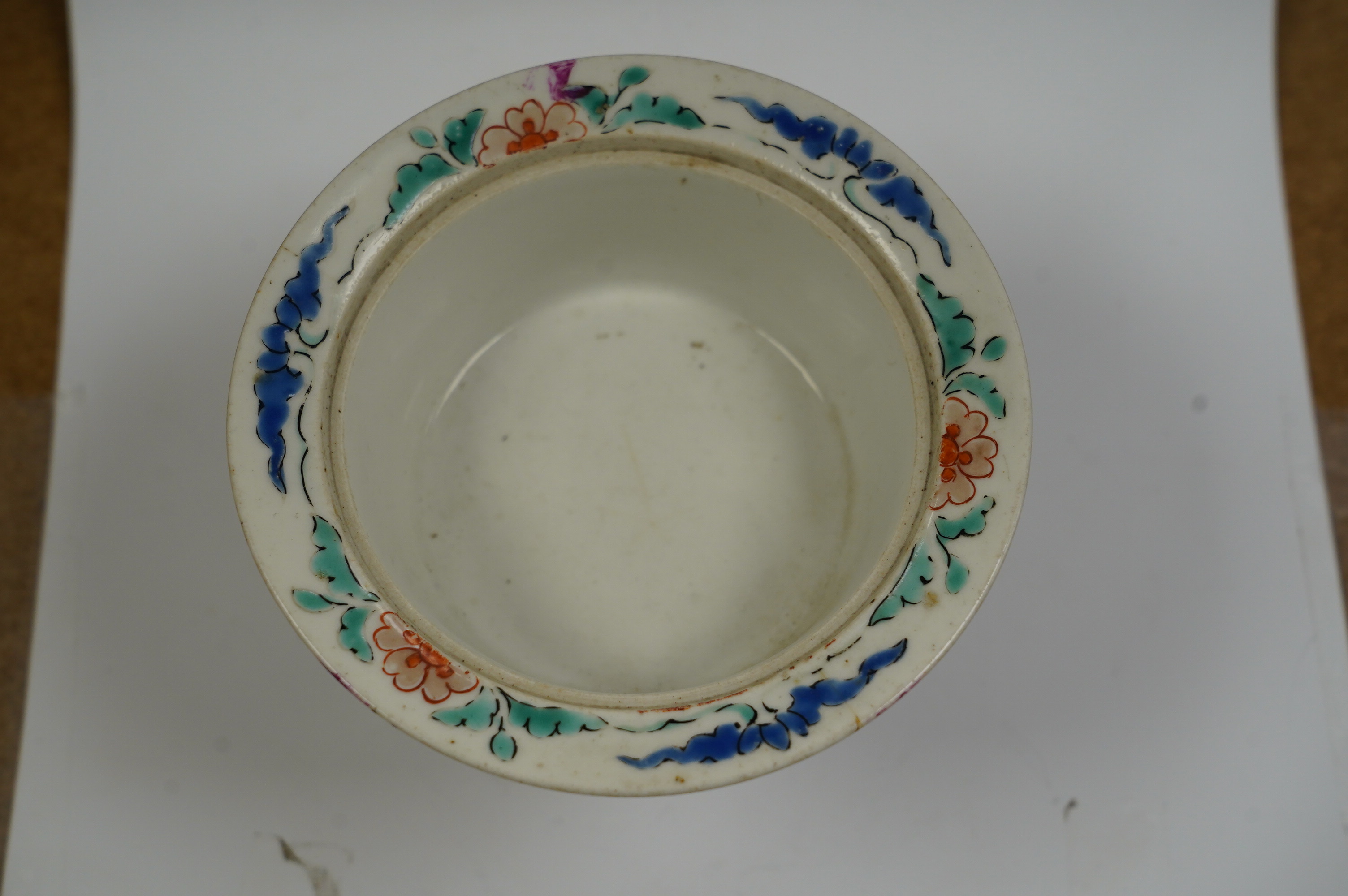 A Japanese Kakiemon stem bowl, lacking cover, late 17th century, 9cm. Condition - poor to fair